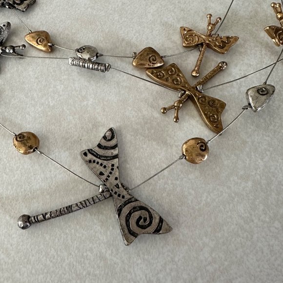 Chico's signed two tone gold silver 3 triple strand dragonfly necklace - Picture 3 of 5